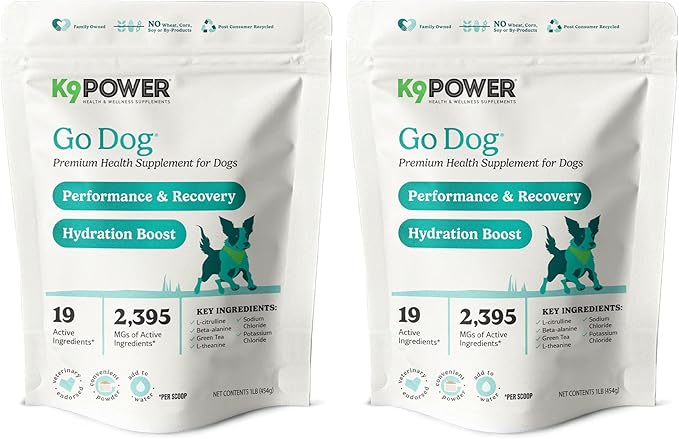 K9 Power Go Dog Hydration &amp; Performance Drink Mix 1 lb - Active Dog Supplement for Muscle Function, Endurance, Recovery, with Electrolytes Support - Pack of 2