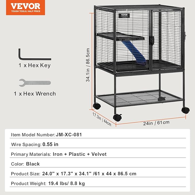VEVOR 34" Rolling Metal Ferret Cage, Large 2-Tier Critter Nation Cage, Small Animal Cage with Ramps &amp; Tray, Easy to Set up for Pet Mice, Hamster, Guinea Pig, Chinchilla, Squirrel, Hedgehogs, Bunny