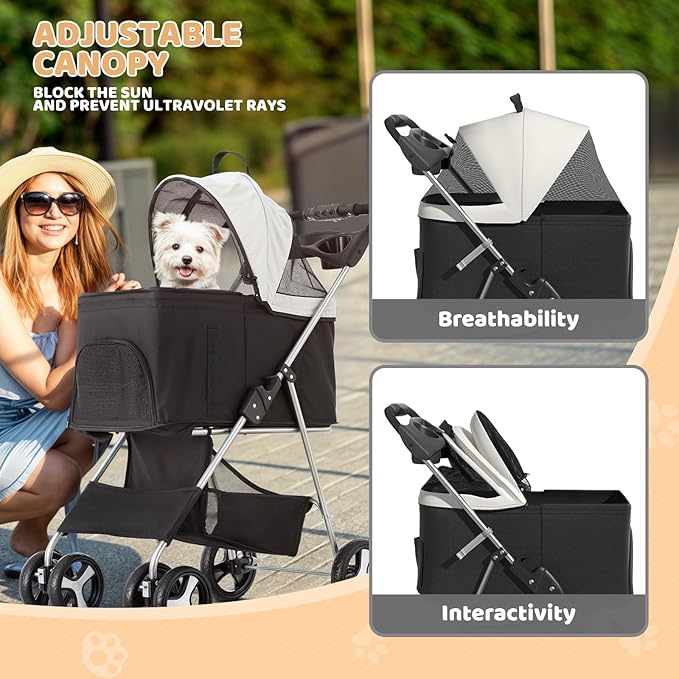 Magshion Foldable Pet Stroller, 3-in-1 Dog Travel Jogger with Detachable Carrier, Cup Holder, Storage Basket, Folding Carrier for Small/Medium Dogs &amp; Cats Up to 33 lbs, Black