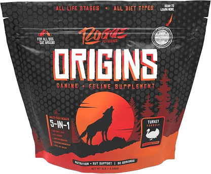 Origins 5-in-1 Dog Supplement - Powdered Food Topper w/Natural Turkey Protein- Supports Healthy Digestion, Skin, and Coat - Helps Reduce Itching &amp; Joint Inflammation (2LB)
