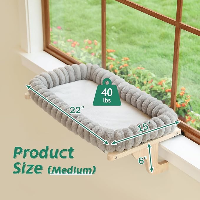 Cat Perch for Window Sill with 4-Sided Bolster - Orthopedic Cat Window Hammock - Solid Hardwood &amp; Metal Frame - Window Seat for Pets (Natural Color Wood w/Gray Bed, Medium)