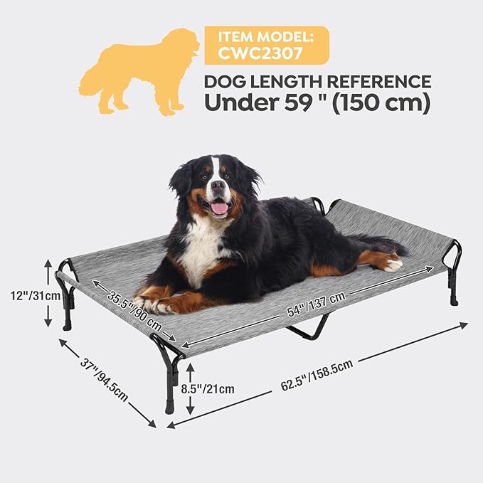Veehoo Cooling Elevated Dog Bed, Guardrail Raised Pet Cot, Indoor &amp; Outdoor XXL Pet Bed with Washable &amp; Breathable Teslin Mesh, Non-Slip Feet, Dog Couch Bed, 62.5" x 37", Black Silver