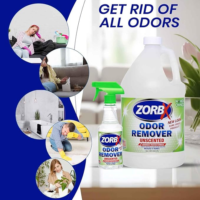 ZORBX Unscented Odor Eliminator for Strong Odor 16 Oz + 128 Oz - Used in Hospitals &amp; Healthcare Facilities - Advanced Trusted Formula, Fast-Acting Odor Remover Spray for Dog, Cat, House &amp; Carpet