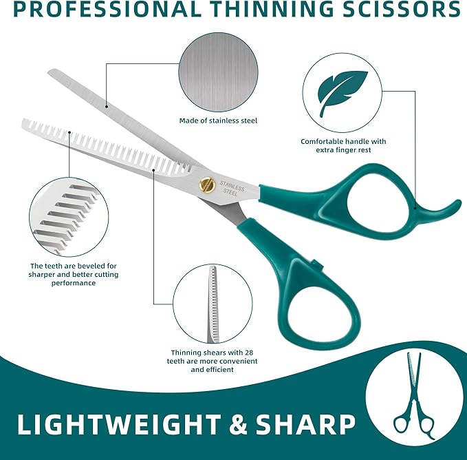 Professional Pet Grooming Kit, Stainless Steel Dog &amp; Cat Grooming Shears with Rounded Tip Blades for Safe Fur Trimming, Thinning Shears, Straight Scissors, and Pet Comb (Set of 3)