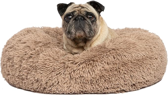 Best Pet Supplies Round Donut Dog Bed with Plush Faux Fur Fabric, Calming, Anti-Anxiety Cushion for Indoor Pets, Slip-Resistant Base, Soft Ergonomic Support - Caramel, 24x24x7&