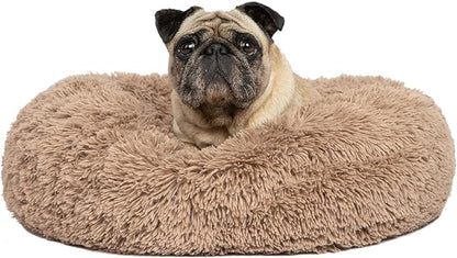 Best Pet Supplies Round Donut Dog Bed with Plush Faux Fur Fabric, Calming, Anti-Anxiety Cushion for Indoor Pets, Slip-Resistant Base, Soft Ergonomic Support - Caramel, 24x24x7&