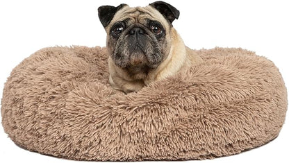Best Pet Supplies Round Donut Dog Bed with Plush Faux Fur Fabric, Calming, Anti-Anxiety Cushion for Indoor Pets, Slip-Resistant Base, Soft Ergonomic Support - Caramel, 27x27x7.5&