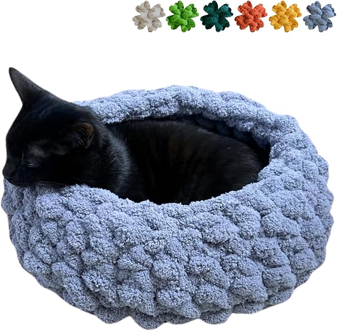 Cat Nest Bed – Premium Handwoven Washable Extra Soft Round Cave House for Indoor Kitten &amp; Kitty, Small &amp; Large (Grayish Blue,Medium)
