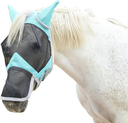 Horse Fly Mask with Ears &amp; Long Nose Cover | Forelock Opening for Tangle-Free Mane Care | UV Protection &amp; Breathable Mesh | No Rub Fit and Enhanced Visbility for Trail Riding Turquoise Full