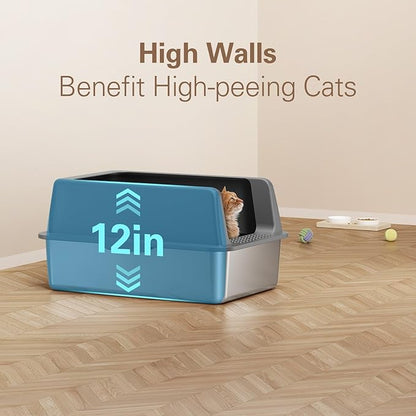 Zarler Stainless Steel Litter Box with Lid, Extra Large Cat Litter Boxes, XL Large Metal Litter Box for Big Cats with High Sided, Black (Non-Sticky, Easy to Clean, Anti-Urine Leakage)