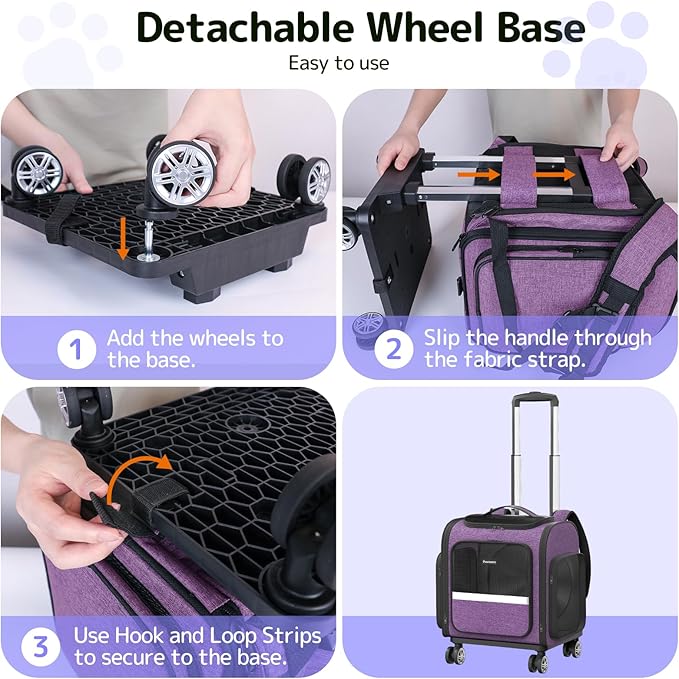 Rolling Cat Carrier with Wheels Dog Carrier for Small Dogs &amp; Medium Cats, Expandable Pet Carrier on Wheels with Cat Play Tunnel, Large Capacity, Breathable Mesh, Side Pocket, Purple