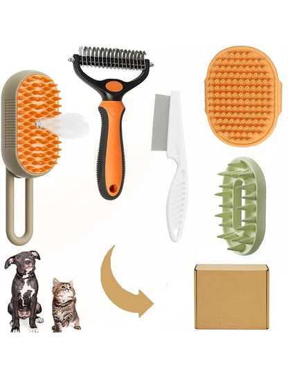 5 Pack Pet Steam Brush Kit – Pet Water Brush for Cats Shedding – Includes Steam Brushes, Undercoat Rake, Massage &amp; Flea Comb for Cats and Dogs - Matted Fur Dematting Tool