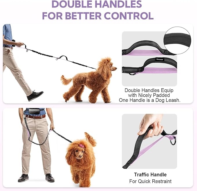 Hands Free Dog Leash, Shcok Abosoring Bungee with Double Padded Handles, Waist Leash for Dog Walking, Dog Leash with Bungee for Medium &amp; Large Dog, Dog Walking Accessories, Black Purple