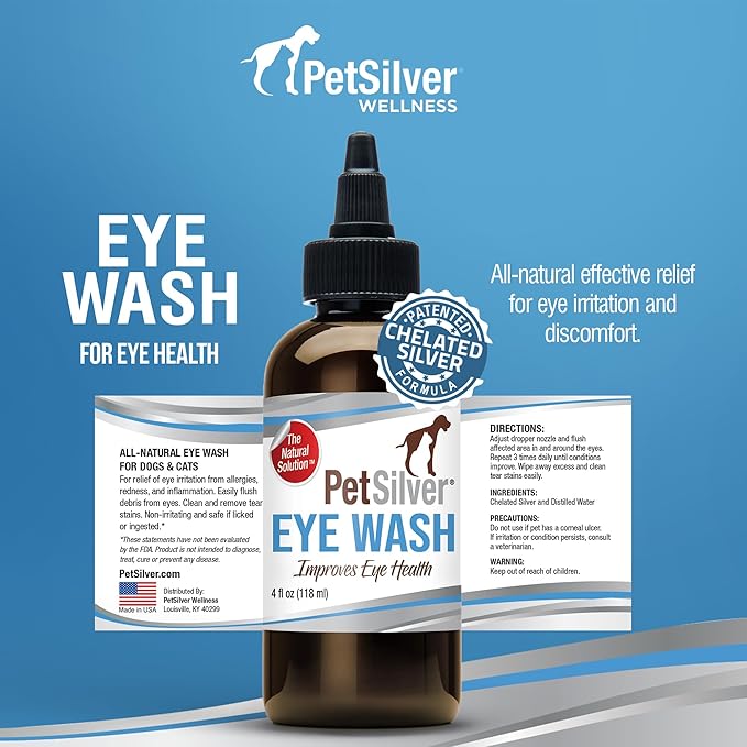 PetSilver Eye Drops for Dogs and Cats - Natural Dog Eye Wash - Relief for Inflammation &amp; Irritation - Pet Eye Cleaner and Tear Stain Remover - Patented Silver Formula - Made in The USA - 4 fl oz