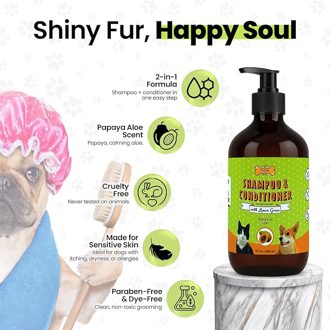POM Pets 2-in-1 Organic Dog Shampoo &amp; Conditioner – Itchy Skin Relief, Dog Deshedding, Detangles Fur, Cat Shampoo, Paw Cleaner for Dogs, Natural Coat Defense Formula