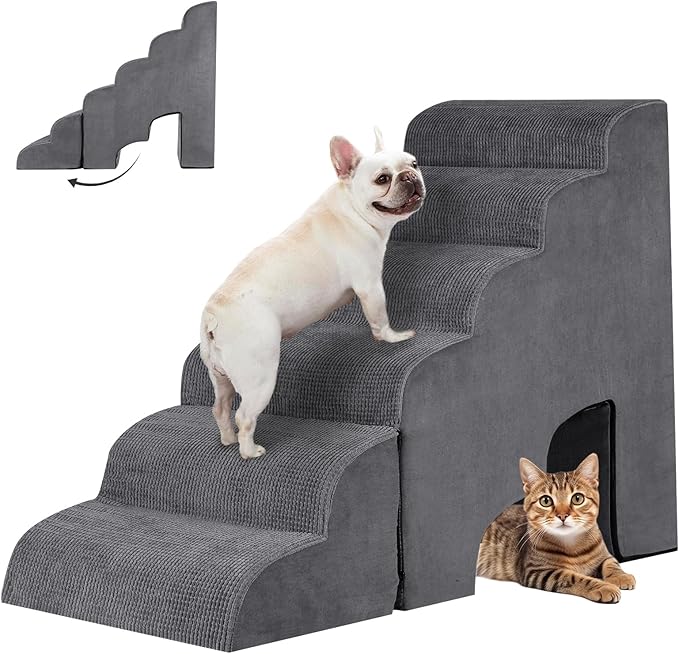 6 Step Dog Stairs&amp;Steps 29 Inches Tall Up to 29-32 Inches High Bed, Dog Ramp Cat Stairs Pet Ladder for Small Medium Dogs, Doggie, Old Cats, Kitty, Grey