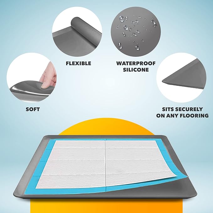 TidyFriend 2 Pack Dog Pee Pad Holder Tray Fits for 24” x 24” Wee Wee Pee Pads - Stable Grip, Raised Edges, Quick-Wipe Silicone Surface Dog Potty Tray Holder for Indoor Flooring Protection (Dark Grey)