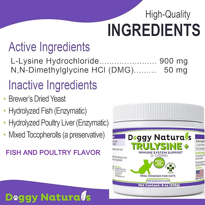 Trulysine Plus L-Lysine for Cats Immune Support Oral Powder 8oz/226g - Cats &amp; Kittens of All Age, Sneezing, Runny Nose Squinting, Watery Eyes-Fish &amp; Poultry Flavor (U.S.A)(225 Grams (900mg / Scoop))