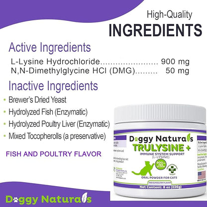 Trulysine Plus L-Lysine for Cats Immune Support Oral Powder 8oz/226g - Cats &amp; Kittens of All Age, Sneezing, Runny Nose Squinting, Watery Eyes-Fish &amp; Poultry Flavor (U.S.A)(225 Grams (900mg / Scoop))