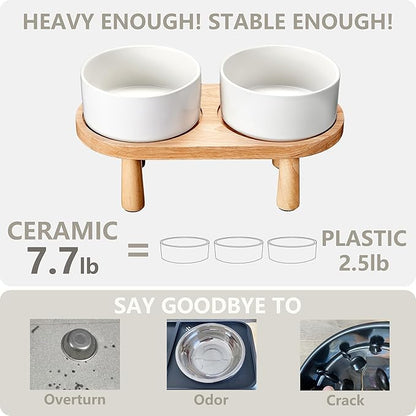 Ceramic Elevated Dog Bowls, Pet Food and Water Bowl Set for Large Dogs, 7.5 Cups Dog Bowls Raised with Wood Stand, 61OZ, White