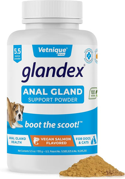 Glandex Dog Fiber Supplement Powder for Anal Glands with Pumpkin, Digestive Enzymes &amp; Probiotics - Vet Recommended (Regular or Advanced Strength) - Boot The Scoot (5.5 oz, Vegan Salmon)