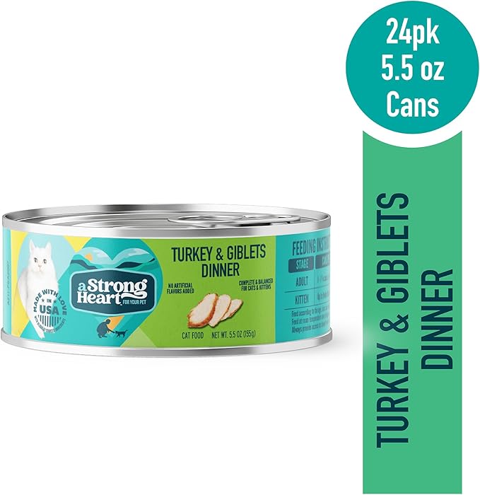 A Strong Heart Canned Wet Cat Food, Turkey &amp; Giblets Dinner - 5.5 oz Cans (Pack of 24), Made in The USA with Real Turkey &amp; Savory Giblets