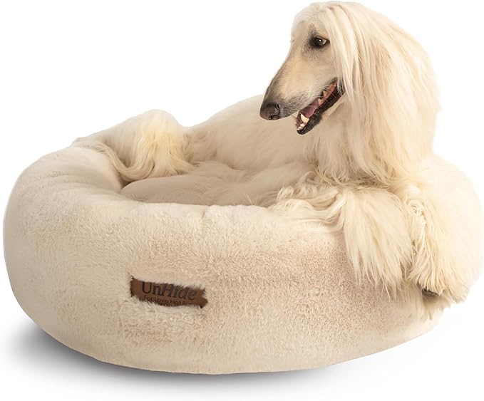 UnHide Floof Pet Bed - Large (35" x 12") - Extra Soft Dog Bed - Removable Faux Fur Cover - Machine Washable - Helps Ease Pet Anxiety &amp; Provides The Perfect Sleep - Beige Bear