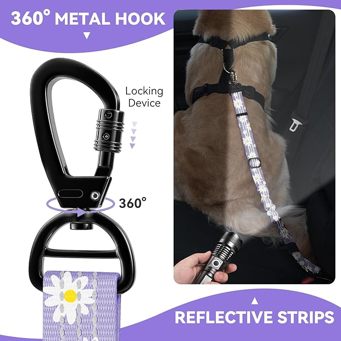 Pawaboo Dog Seatbelt for Car, Dog Seat Belt Bungee, Shockproof Dogs Tether for Car with Buckle &amp; Hook Latch, Adjustable Reflective Dogs Cars Harness Leash with 360° Lockable Buckle, Light Purple