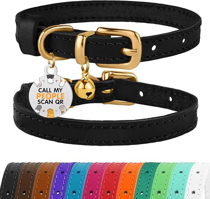 BRONZEDOG Leather Cat Collar with Removable Bells Non Breakaway Kitten QR Tag for Girl Boy (9" - 12" Cats/Mini Dogs, Black &amp; Gold)