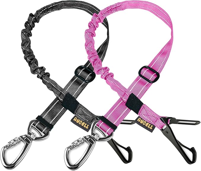 AUBELL Dog Seat Belt for Car,2 Pack Set 3-in-1 Adjustable Reflective Bungee Heavy Duty Dog Car Harness Tether with Clip Hook Latch &amp; Buckle,Swivel Zinc Alloy Carabiner,Black+Hotpink