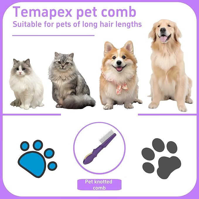 Pet Comb for Grooming Long Haired Cats &amp; Dogs With Stainless Steel Metal Teeth for Shedding and Tangles, Non-slip &amp; Anti-static rubber handle,Safe &amp; Gentle Pet Grooming Comb