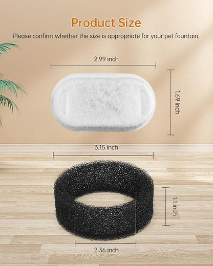 Cat Water Fountain Filter, Filters Replacement for 108Oz/3.2L&amp;67Oz/2L&amp;135Oz/4L Stainless Steel Pet Water Drinking Fountain, Dog Indoor Water Dispenser Fountain Carbon Filter (8 Filters &amp; 8 Sponges)