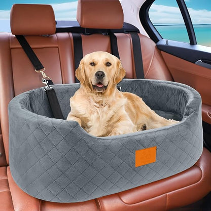 Dog Car Seat for Medium &amp; Large Dogs up to 55 lbs, Elevated Booster Seat with Anti-Slip Base, Detachable &amp; Machine-Washable Pet Car Bed for SUV/Sedan (Gray)