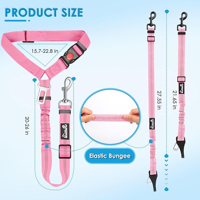 Lukovee Dog Seatbelt Leash for Cars, 2 Pack Pet Safety Seat Belt with Adjustable Buckle &amp; Reflective Bungee, Connect Dog Harness in Vehicle Dogs Restraint Travel Daily Use (Pink)