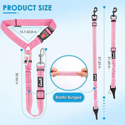 Lukovee Dog Seatbelt Leash for Cars, 2 Pack Pet Safety Seat Belt with Adjustable Buckle &amp; Reflective Bungee, Connect Dog Harness in Vehicle Dogs Restraint Travel Daily Use (Pink)