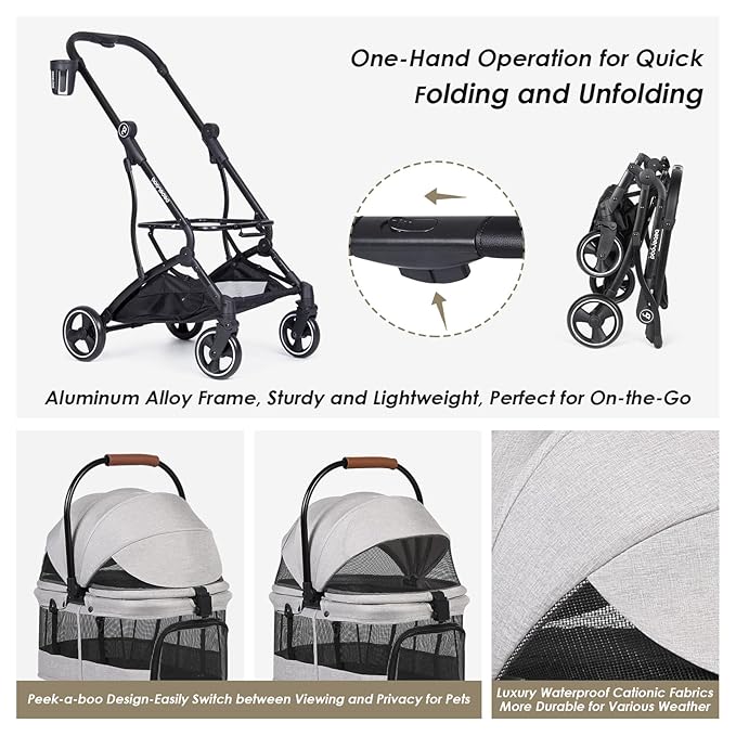 T3 3 in 1 Small Pet Stroller for Dogs &amp; Cats, 4 Wheels for Dogs with Detachable Carrier with Pad, Canopy and Cup Holder, Grey