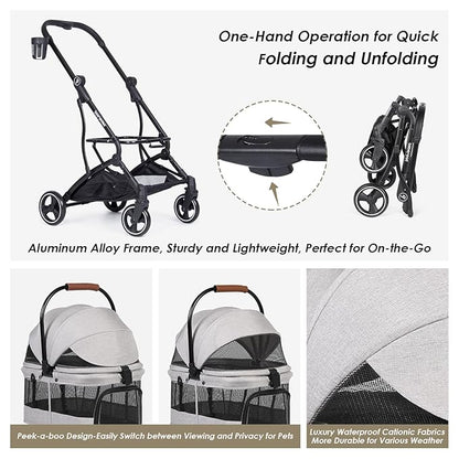 T3 3 in 1 Small Pet Stroller for Dogs &amp; Cats, 4 Wheels for Dogs with Detachable Carrier with Pad, Canopy and Cup Holder, Grey