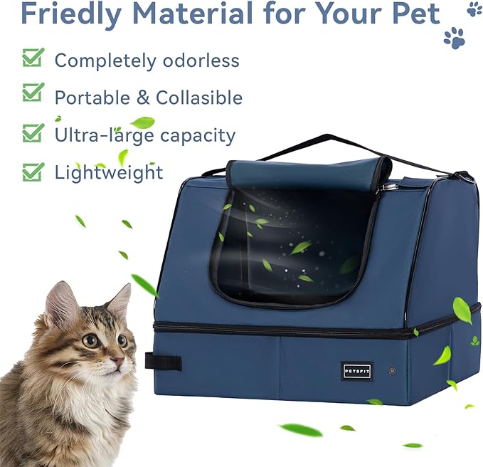 PETSFIT Travel Litter Box for Cats - Removable 2-Layer Leak-Proof Lining, Scratch-Resistant Fabric with Sturdy Support Frame, Cat Collapsible &amp; Travel Litter Box Navy Blue