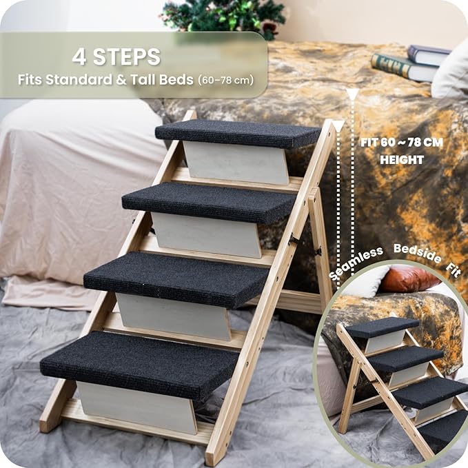 MEWANG Wood Pet Stairs &amp; Ramp for Small/Medium Dogs and Cats, Aging Pets – 3-in-1 Foldable, Portable, Non-Slip Pet Ladder for Tall Beds, Couches,Cars–Holds Up to 220 lbs (31.5" L x 17.2" W x 25.0" H)