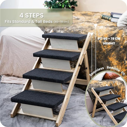 MEWANG Wood Pet Stairs &amp; Ramp for Small/Medium Dogs and Cats, Aging Pets – 3-in-1 Foldable, Portable, Non-Slip Pet Ladder for Tall Beds, Couches,Cars–Holds Up to 220 lbs (31.5" L x 17.2" W x 25.0" H)