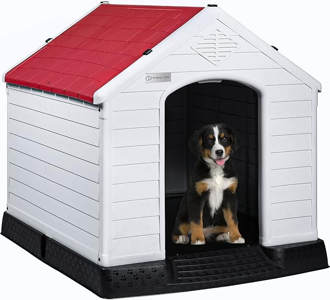 LEMBERI Durable Waterproof Plastic Dog House for Small to Large Sized Dogs, Indoor Outdoor Doghouse Puppy Shelter with Elevated Floor, Easy to Assemble (Red, 34&