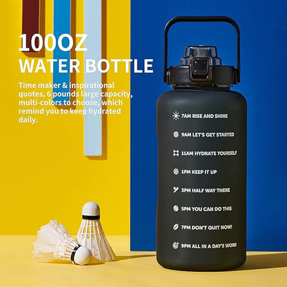 64oz,100oz,128oz Large Motivational Water Bottle with Time Marker, Leakproof &amp; BPA Free Half Gallon Big Water Bottle with Straw Handle Tritan Frosted Water Jug for Gym,Fitness,Outdoor Sports
