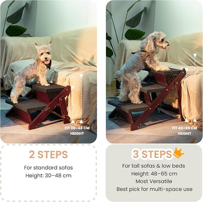 MEWANG Wooden Pet Stairs/Pet Steps - 3-in-1 Foldable Stairs &amp; Ramp for Tall Beds and Cars - Portable Dog/Cat Ladder Up to 220 Pounds - for Small and Older Animals(Brown) (31.5" L x 17.2" W x 25.0" H)