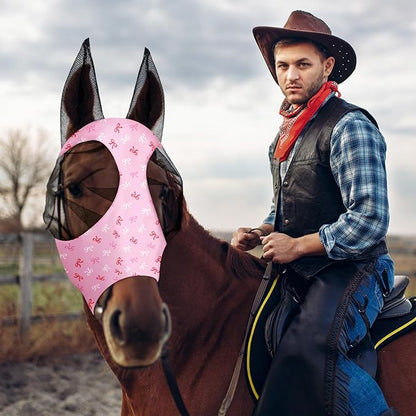 Chunful 6 Pcs Horse Fly Masks with Ears Smooth and Comfortable Cashel Mesh Fly Mask Elasticity Breathability UV Protection Horse Face Covering for Riding Supplies(Pink Bow,Large)