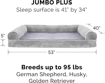Furhaven Cooling Gel Dog Bed for Large Dogs w/ Removable Bolsters &amp; Washable Cover, For Dogs Up to 125 lbs - Faux Fur &amp; Velvet Sofa - Smoke Gray, Jumbo Plus/XXL