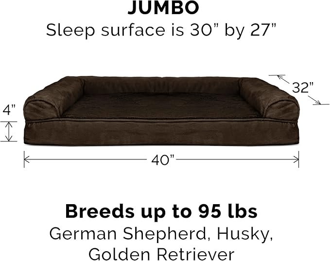 Furhaven Orthopedic Dog Bed for Large Dogs w/ Removable Bolsters &amp; Washable Cover, For Dogs Up to 95 lbs - Plush &amp; Suede Sofa - Espresso, Jumbo/XL