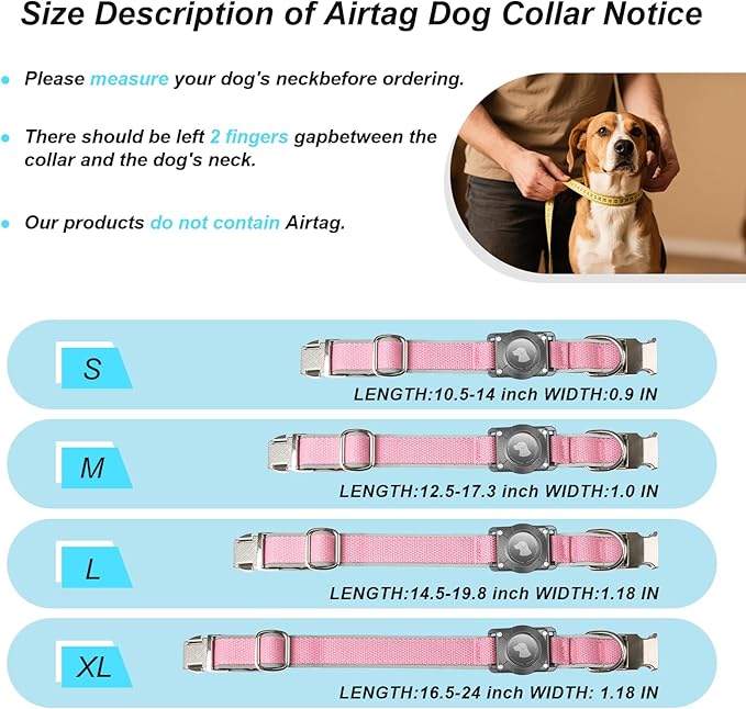 Waterproof Airtag Dog Collar - Nylon Collar with Durable Airtag Holder, Reflective&amp;Anti-Lost with Safety Metal Buckle, Soft Padded Adjustable for Small Medium Large Dogs Pink S