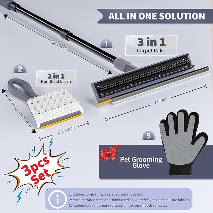 3 in 1 Carpet rake Kit for Pet Hair Removal Tool - Reusable Pet Hair Remover Broom w 58" Adjustable Long Handle, Dog &amp; Cat Carpet Scraper, Pet Hair Remover for Rugs, Mats, Couch, Curtains(Gray)