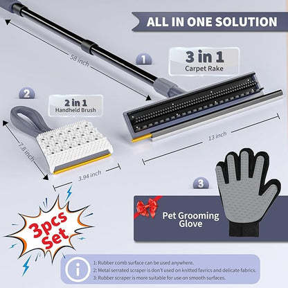 3 in 1 Carpet rake Kit for Pet Hair Removal Tool - Reusable Pet Hair Remover Broom w 58" Adjustable Long Handle, Dog &amp; Cat Carpet Scraper, Pet Hair Remover for Rugs, Mats, Couch, Curtains(Gray)