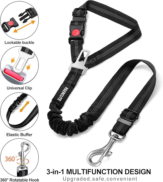 3 Piece Dog Car Seat Belt Set - Retractable Adjustable Pet Seatbelts for Vehicle Headrests - Heavy Duty, Elastic &amp; Durable Car Harness for Dogs